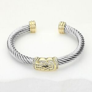 CZ Knot Stone Twist Rope Cable Cuff Bracelet Bangle Textured Metal Two Tone